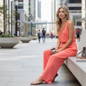 BNWT! Lightweight Salmon Jumpsuit with button back closure &silver hand beading